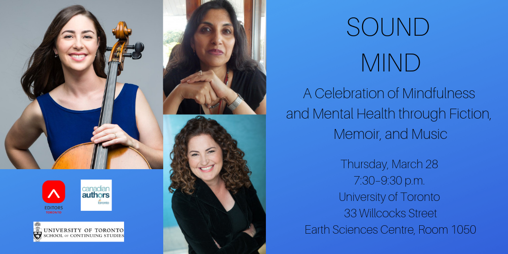 Graphic with photos of three speakers at March 28 program meeting titled "Sound Mind: A Celebration of Mindfulness and Mental Health through Fiction, Memoir, and Music" 