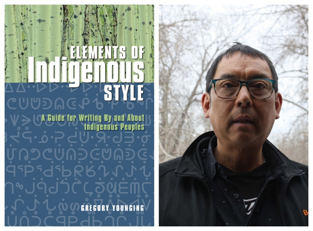 Cover of "Elements of Indigenous Style" style manual next to photo of Gregory Younging