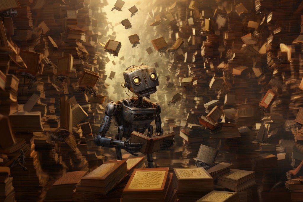 A drawing of a robot (mechanical person) holding an open book as hundreds of books tumble off of surrounding shelves onto the floor.