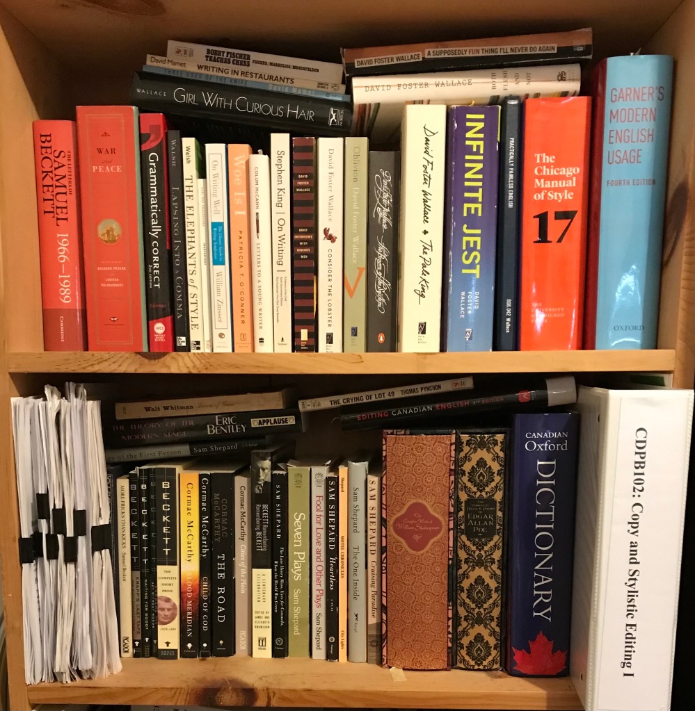 Books on two shelves of a bookcase.